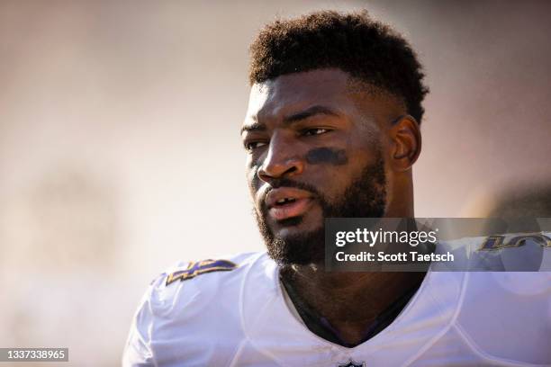 Tyus Bowser of the Baltimore Ravens looks on before the preseason game against the Washington Football Team at FedExField on August 28, 2021 in...