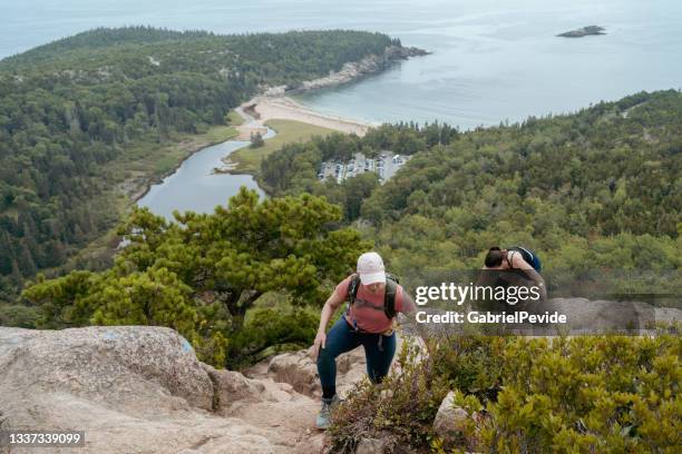 girls hiking in the mountains of acadia national park - maine bildbanksfoton och bilder