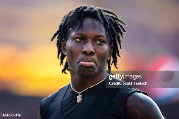 Marquise Brown of the Baltimore Ravens warms up before the preseason game against the Washington Football Team at FedExField on August 28, 2021 in...