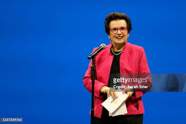 Billie Jean King speaks to the crowd prior to the match between Naomi Osaka of Japan and Marie Bouzkova of Czech Republic during their women's...
