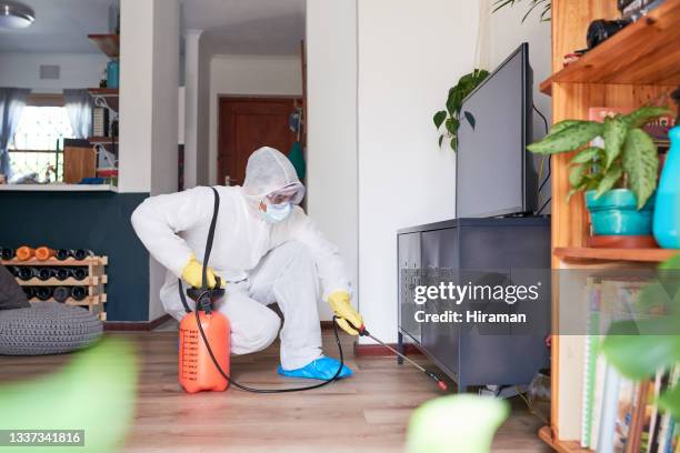 foto de un hombre con un traje de materiales peligrosos usando un pulverizador químico para desinfectar una casa - crime scene cleaners fotografías e imágenes de stock