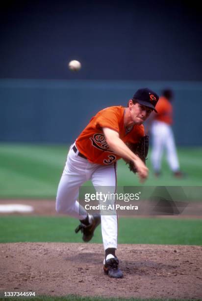 Pitcher Mike Mussina of the Baltimore Orioles is shown in the game between the Toronto Blue Jays and the Baltimore Orioles at Camden Yards on June 7,...