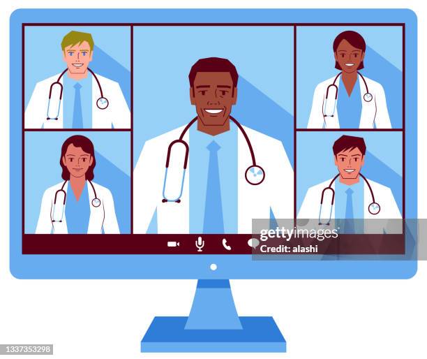 five doctors (multi-ethnic group) attending a video conference or one senior clinician teaching medical students - med students stock illustrations