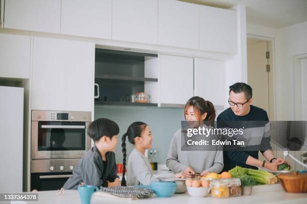 fröhliche asiatische chinesische junge familie mit 2 kindern, die essen in der küche zubereiten und lustige zeit zusammen genießen - asian cooking stock-fotos und bilder