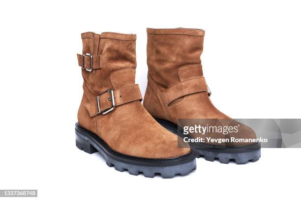 brown suede leather boots isolated on white background - rubber boots imagens e fotografias de stock