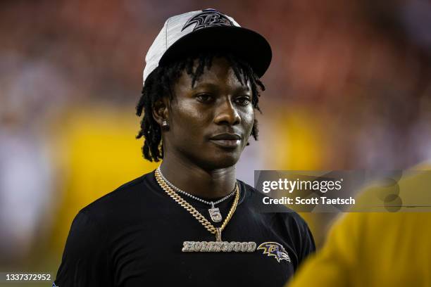 Marquise Brown of the Baltimore Ravens looks on during the second half of the preseason game against the Washington Football Team at FedExField on...