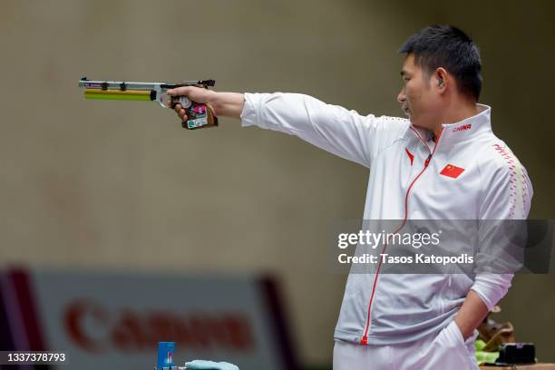 Huang Xing of Team China competes in the P1 Men's 10m Air Pistol SH1 Final on day 7 of the Tokyo 2020 Paralympic Games at Asaka Shooting Range on...