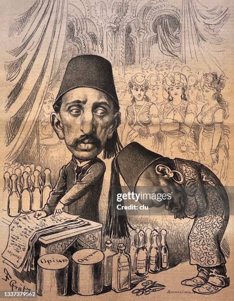 abdul hamid, the new sultan of turkey, scoldes his eunuch - castrated man stock illustrations