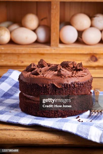 iced chocolate sponge cake shot on a wooden board in a home kitchen setting - chocoladetaart stockfoto's en -beelden