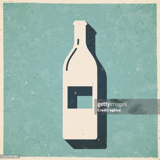 wine bottle. icon in retro vintage style - old textured paper - red wine stain stock illustrations