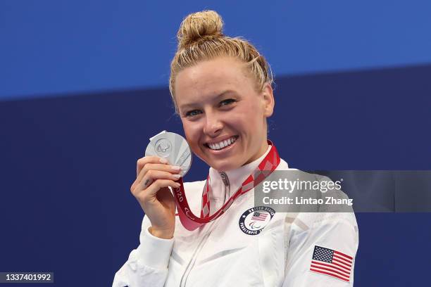 Jessica Long of Team United States celebrates with the silver medal during the medal ceremony for the Women’s 400m Freestyle - S8 Final on day 7 of...