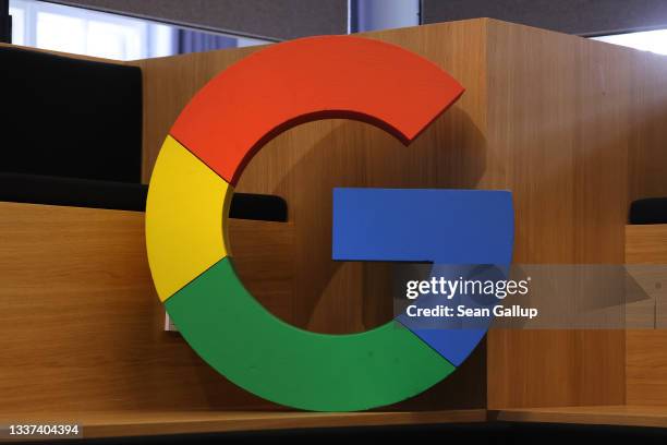 Google corporate logo stands at the Google Germany offices on August 31, 2021 in Berlin, Germany. Google has announced it will invest EUR one billion...