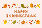 Happy thanksgiving day horizontal banner background with seasonal leaves and lettering on pastel background