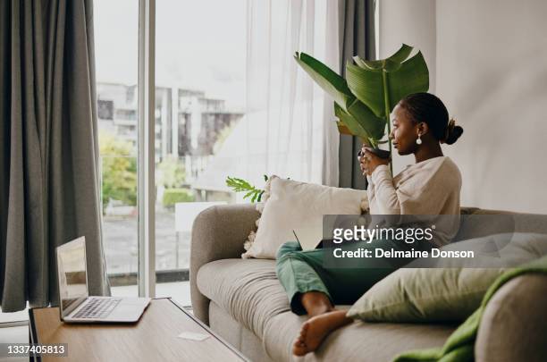 foto de una mujer joven tomando café y relajándose en casa - pleased laptop fotografías e imágenes de stock