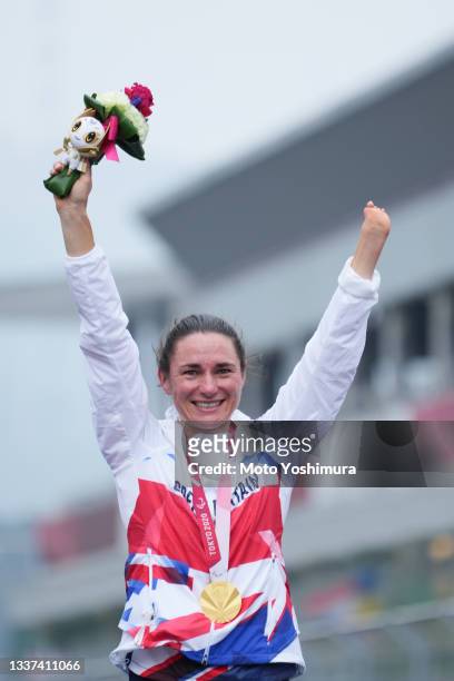 Sarah Storey of Team Great Britain celebrates winning the gold medal during Cycling Road Women’s C5 Time Trial on day 7 of the Tokyo 2020 Paralympic...