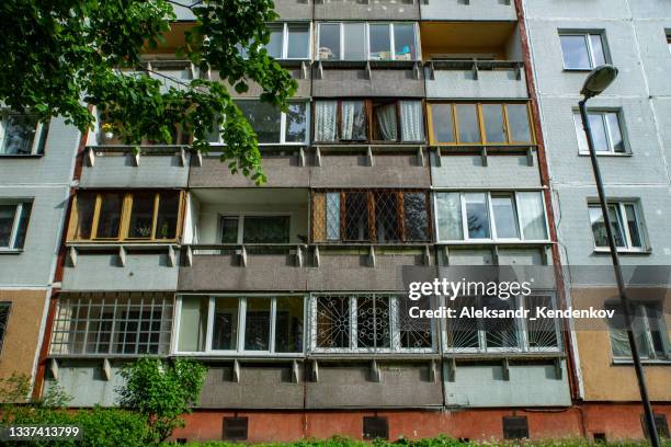 Multi-storey panel residential house facade. Post-soviet architecture