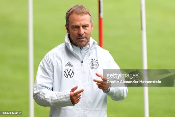 Hans-Dieter Flick, Head Coach of Germany gesture during a training session at Gazi-Stadion auf der Waldau on August 31, 2021 in Stuttgart, Germany.