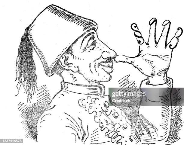 turkish man thumbing his nose to someone, side view of a sultan - 1876 stock illustrations