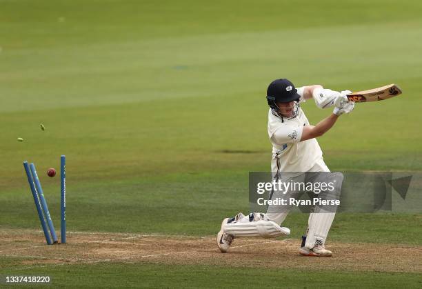 Dom Bess of Yorkshire is bowled by Keith Barker of Hampshire during day two of the LV= Insurance County Championship match between Hampshire and...