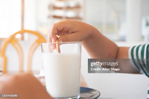 unrecognizable person (child)  with introducing a cookie in a glass of milk. - plate in hand stockfoto's en -beelden
