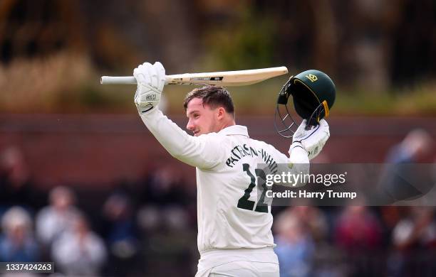 Liam Patterson-White of Nottinghamshire celebrates after reaching their century during Day Two of the LV= County Championship match between Somerset...