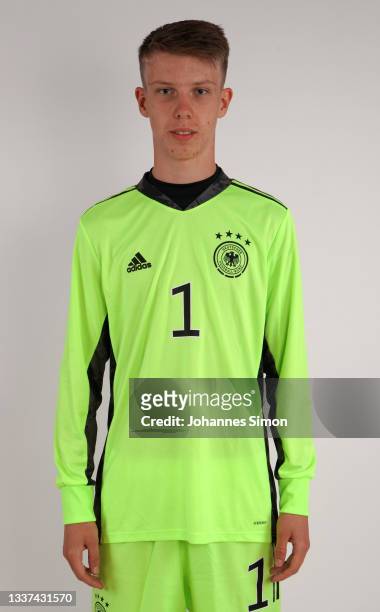 Timo Schlieck poses during the Germany U16 team presentation on August 31, 2021 in Inzell, Germany.