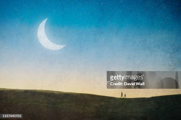 a magical concept. of a couple walking on a hill with a stars and a crescent moon in the sky on a summers evening. with a grunge, artistic edit. - moonlight lovers stock pictures, royalty-free photos & images