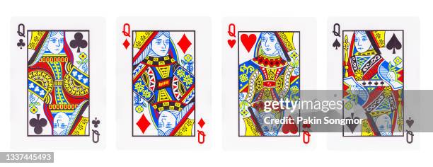 four of the queen card isolated on white background. clipping path - queen card stock pictures, royalty-free photos & images