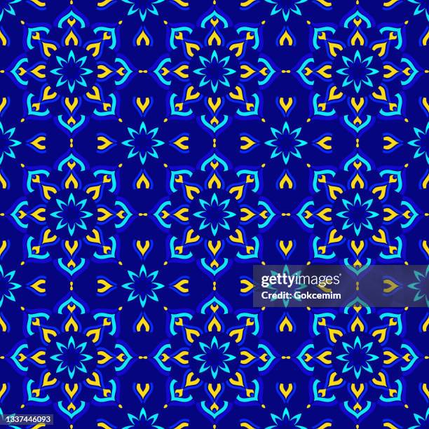 portuguese azulejo tiles. watercolor hand painted navy blue and yellow tile. seamless moroccan ceramic pattern. vector tile pattern, lisbon arabic floral mosaic, mediterranean seamless navy blue ornament. - medallion stock illustrations