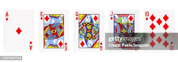 royal flush diamonds isolated on white background. clipping path - cards stock pictures, royalty-free photos & images