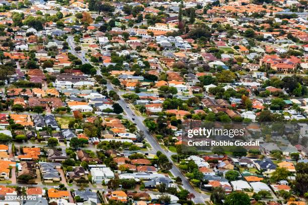 aerial view of colourful houses in suburban streets around perth, western australia - perth fotografías e imágenes de stock