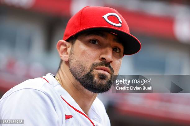 Nick Castellanos of the Cincinnati Reds looks on before the game against the St. Louis Cardinals at Great American Ball Park on August 30, 2021 in...