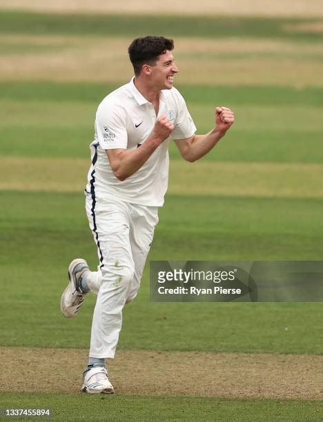 Matt Fisher of Yorkshire celebrates after taking the wicket of James Vince of Hampshire during day two of the LV= Insurance County Championship match...