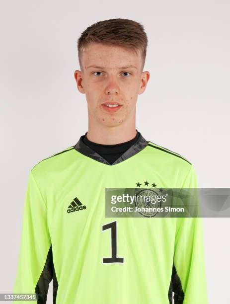 Timo Schlieck poses during the Germany U16 team presentation on August 31, 2021 in Inzell, Germany.