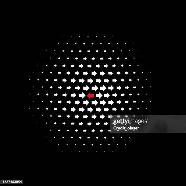 solid arrows pattern pointing right, one different red pointing left. radial size gradient. - opposite direction stock illustrations