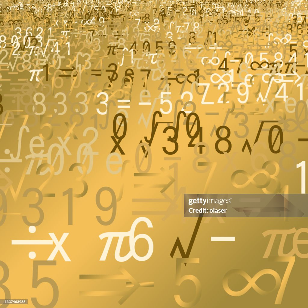 Random math symbols and digits on metal surface.