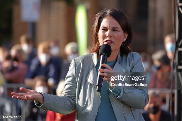 Annalena Baerbock, chancellor candidate of the German Greens Party, speaks during an election campaign stop on August 31, 2021 in Potsdam, Germany....