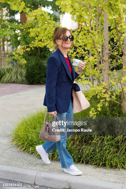 Isabelle Huppert is seen arriving at the 78th Venice International Film Festival on August 31, 2021 in Venice, Italy.