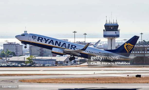 Ryanair Boeing 737-8AS takes off from Lisbon Humberto Delgado International Airport on the last day of August, coinciding with the end of Summer...