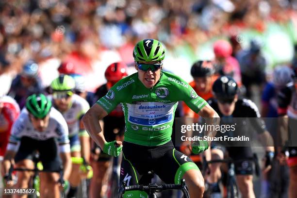 Fabio Jakobsen of Netherlands and Team Deceuninck - Quick-Step Green Points Jersey celebrates at finish line as stage winner during the 76th Tour of...