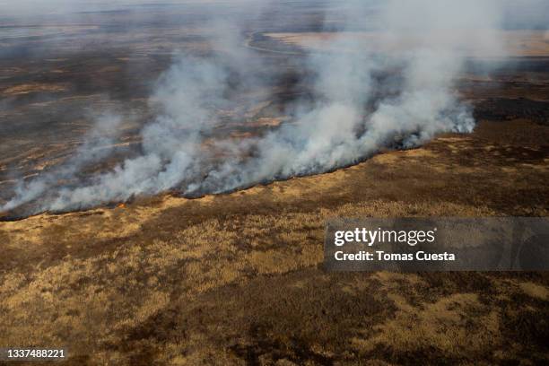 Aerial view as wildfires burn pastures at Entre Rios Province wetlands on August 30, 2021 in San Nicolas de los Arroyos, Argentina. Over 14,000...