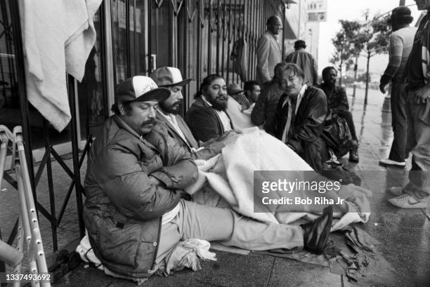 Homeless individuals who were evicted from Tent City II after the cities permit and liability insurance policies expired, January 4, 1987 in Los...