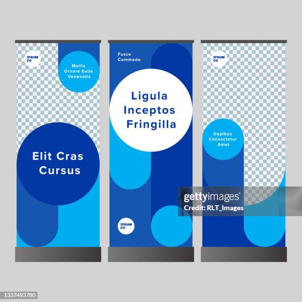 set of vertical banner design layouts with modern geometric circle graphics - tradeshow stock illustrations