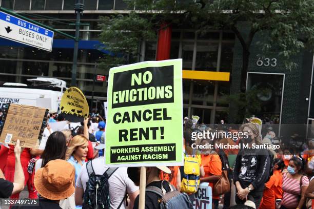People gather at the New York City office of Gov. Kathy Hochul calling for a stop to evictions on August 31, 2021 in New York City. Housing activists...