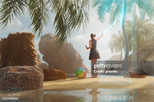 woman enjoying in vr environment - virtual vacations stock pictures, royalty-free photos & images