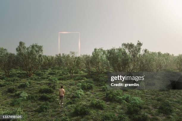 man in forest walking towards mysterious object - door canopy stock pictures, royalty-free photos & images