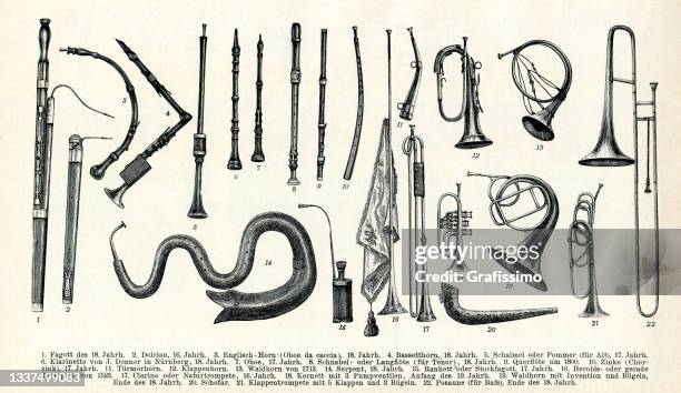 sammlung alter musikblasinstrumente - oboe stock-grafiken, -clipart, -cartoons und -symbole