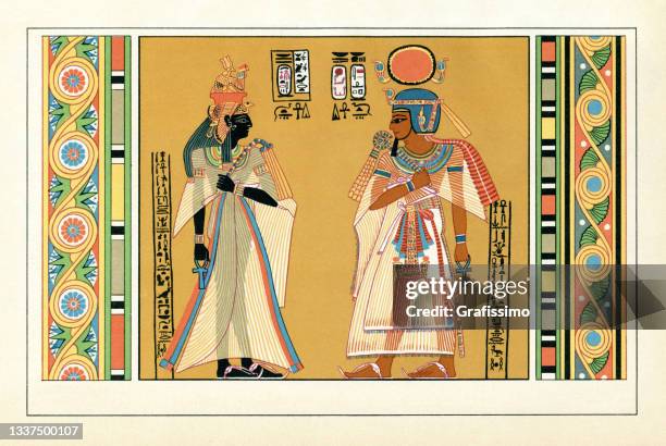 stockillustraties, clipart, cartoons en iconen met pharaoh amenhotep i with his wife and hieroglyphics - hieroglyphics