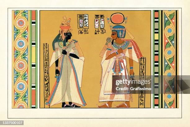 pharaoh amenhotep i with his wife and hieroglyphics - ancient egyptian culture 幅插畫檔、美工圖案、卡通及圖標
