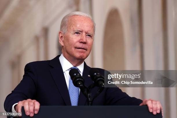 President Joe Biden delivers remarks on the end of the war in Afghanistan in the State Dining Room at the White House on August 31, 2021 in...